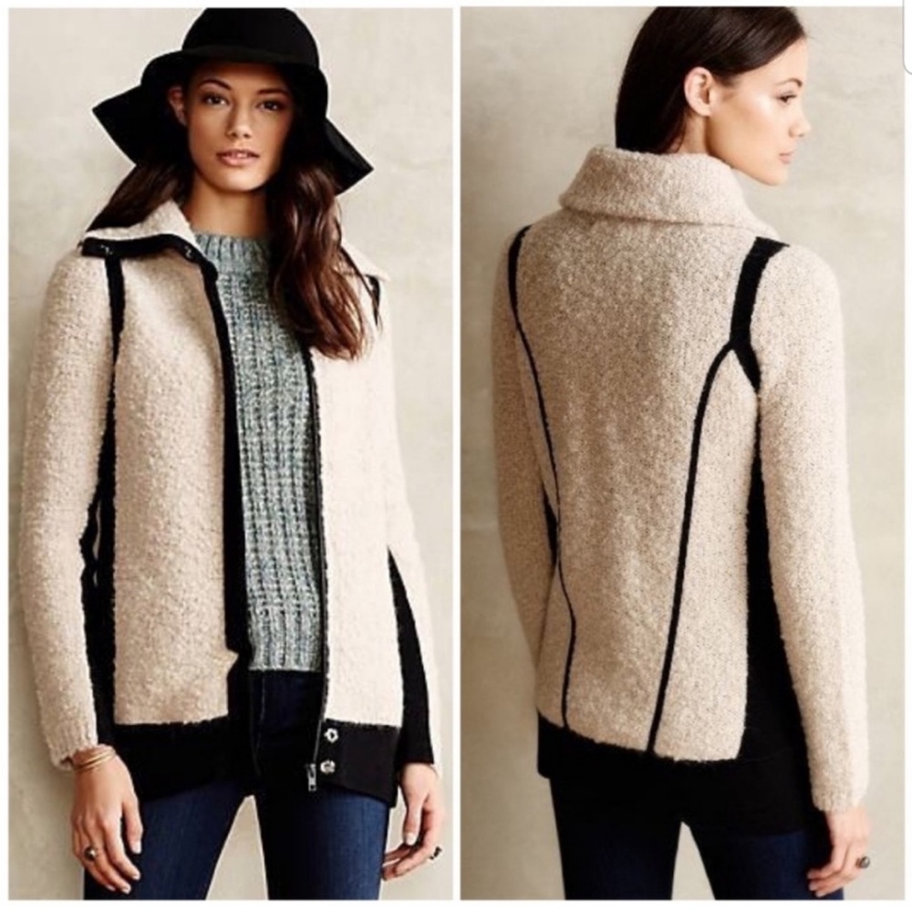 Anthropologie Cream and Black Bouclé Zip-Front Sweater Jacket
